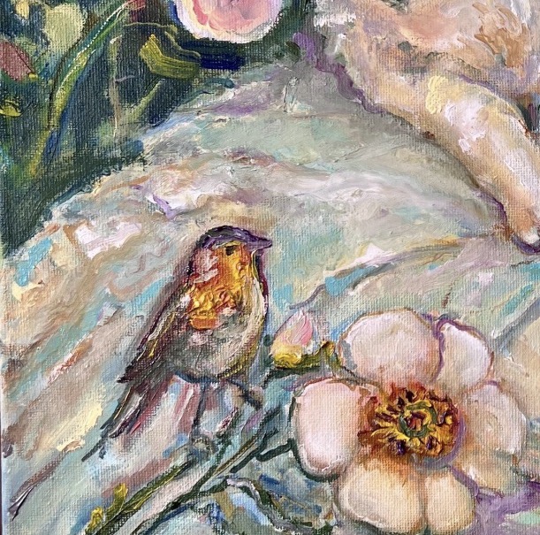 Detail of Tea, Cat and Roses — a robin in the painting